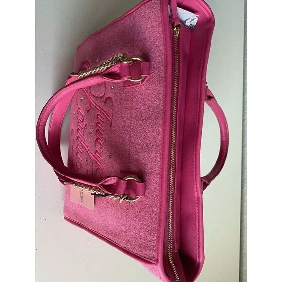 Juicy Couture Beach Tote Pink Flash Terry Cloth Embroidered Logo Bag Purse NEW - Picture 9 of 13